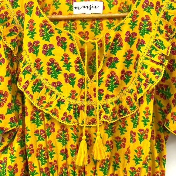 Maisie Nordstrom Yellow Floral Puff Sleeve Tie Neck Mini Dress Size Large - Picture 3 of 12